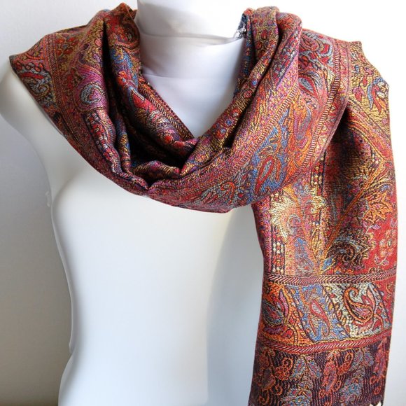 Red Metallic Paisley Pashmina Scarf | Shawl for Women Red Golden Sparkling Scarf - Picture 3 of 5